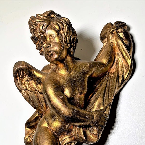 Chérubin vintage en plâtre doré - Craie dorée Putto belge - Plaque murale d'ange doré du milieu du siècle - Décor de chérubin doré de style néoclassique