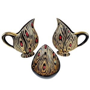 3x Vintage Boch Granada Glazed Ceramic Art - MCM Belgian Boch Freres Vase Jug Dish Pottery - Keramis Creation Black Gold Red African Design