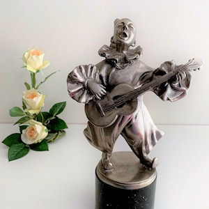 Singing Clown Sculpture - Pierrot with Guitar in Silvered Bronze Figurine - Serenading Jester Statuette - Musical Harlequin Bronze Figurine