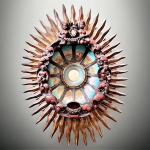 Espejo del zodiaco del sol antiguo muy raro - Decoración de la pared de madera del horóscopo del sol dorado del siglo XIX - Signos de astrología mística que pintan el espejo del ojo de la bruja vieja