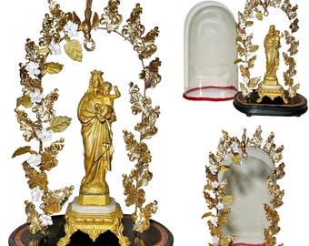 Antique Dome Madonna and Child Statue - French Flower Arch Our Lady of Guard Ormolu Sculpture  Mary & Jesus Gilt Bronze in Religious Globe