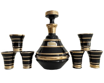 Art Deco svart och guld likörset - Belgisk De Rupel Boom karaff och likörglas - Vintage Hyalite glas spritkaraff snapsglas