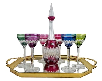Val St. Lambert Cristal Gevaert Vinset - Vintage belgisk kristallkaraff och vinglas - MCM flerfärgad spritkaraff + 6 Römerglas