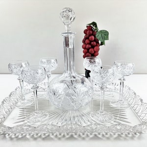 Vintage Val St. Lambert Berncastel Liqueur Set - 8 Belgian Crystal Decanter Glasses & Tray - MCM Luxury Carafe Shot Glasses Platter Display