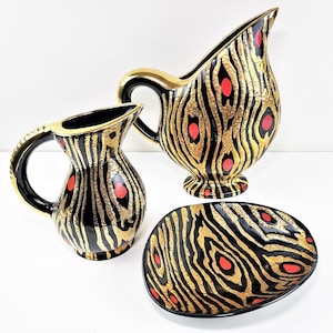 3x Boch Ceramic Granada Model - Vintage Belgium Boch Freres Vase Jug Dish Glazed Pottery - MCM Keramis Black Gold Red African Design Ceramic