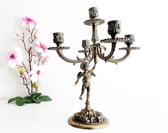 Candelabra cupida de latón vintage - oro francés de mediados de siglo 5 brazos candelabros soporte - gran latón & gilt metal centepiece candelabra