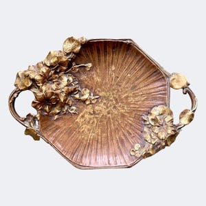 Art Nouveau M. Giltay Bronze Vide Poche - Antique French Patinated & Gilt Bronze Tray - Large Belle Epoque Floral Relief Bronze Centerpiece