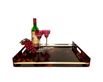 Vintage Lucite and Brass Tortoise Shell Tray – Italian Mid Century Plexiglass Serving Plateau – 1960s Faux Tortoiseshell Acrylic Bar Tray