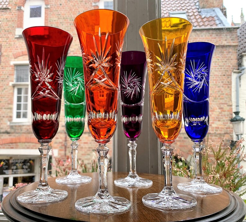 6 Champagne Flute Glasses Multi Color Cut to Clear Crystal Etsy