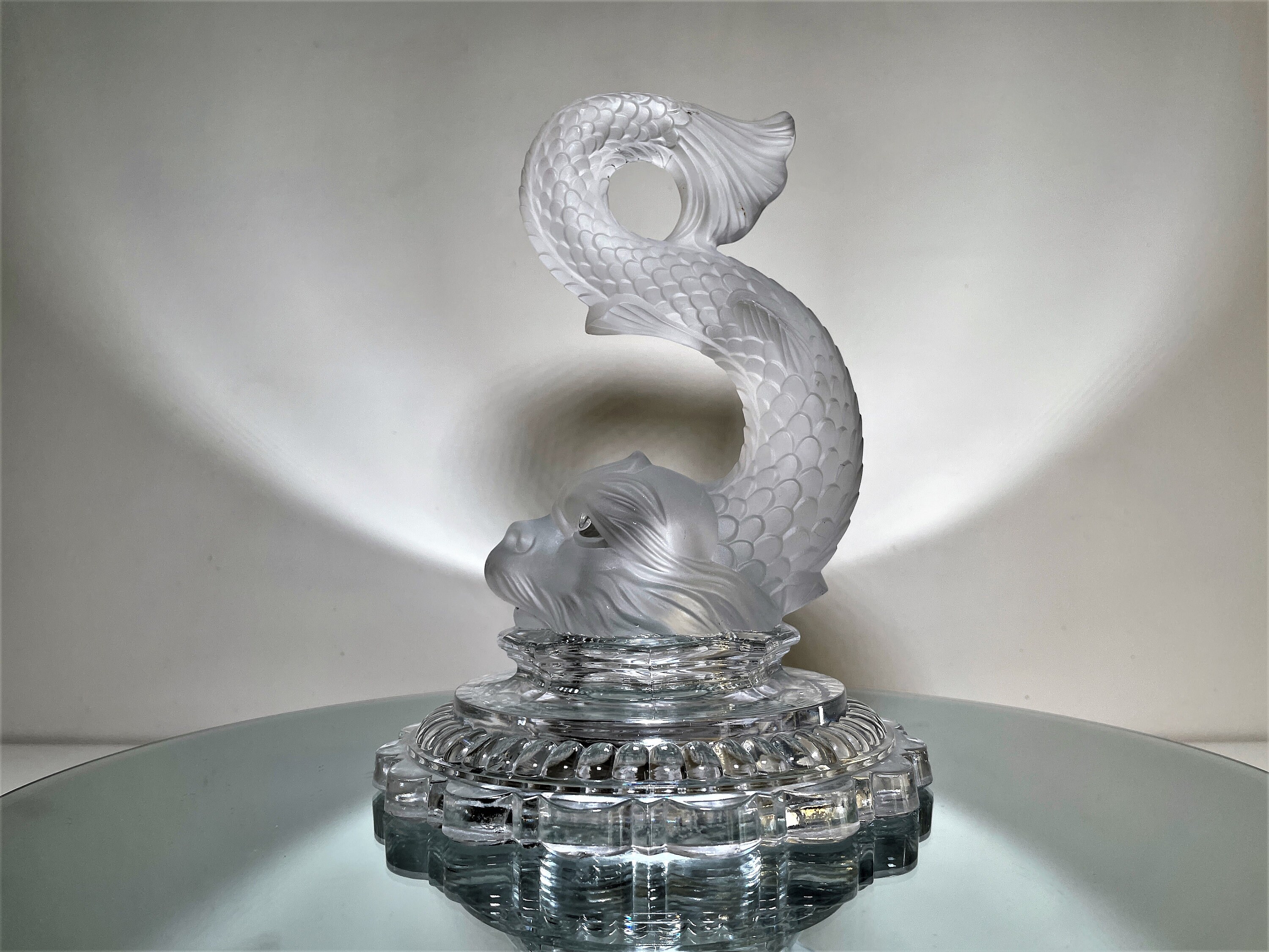 Pakarat Fish Antique Baccarat Crystal Frosted Koi Fish Statue Glass Base - 9