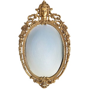 26 &quot;französischer figuraler vergoldeter Bronzespiegel - Belle Époque Ovaler Spiegel mit weiblichem Relief - Neoklassischer Stil Repoussé-Göttinmaske Vergoldetes Wanddekor