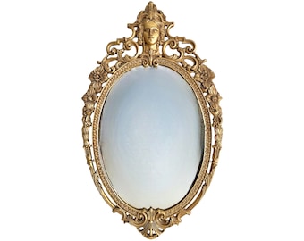 26&quot; French Figural Gilt Bronze Mirror - Belle Époque Female Relief Oval Mirror - Neoclassical Style Repoussé Goddess Mask Gilded Wall Decor