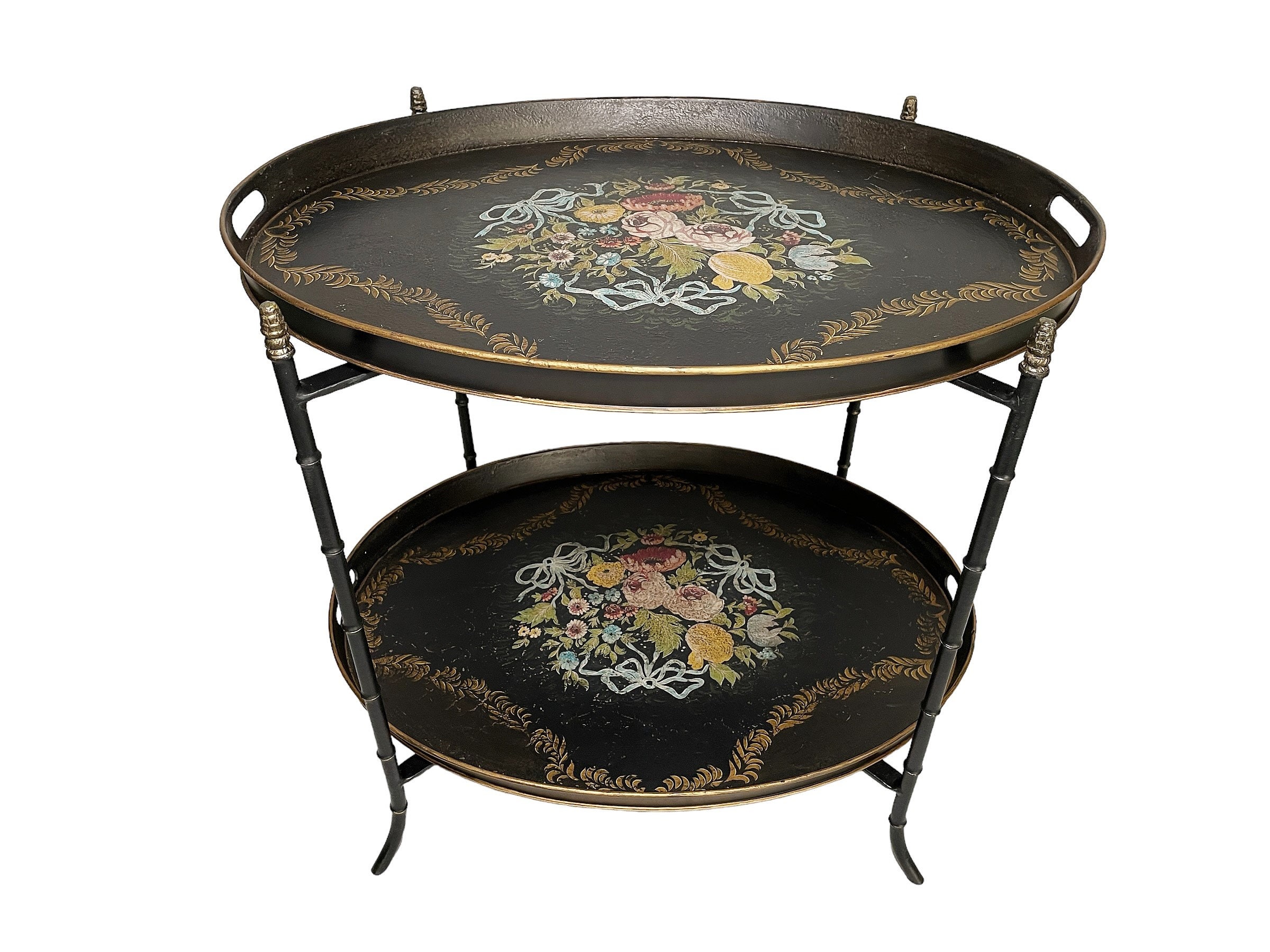 【しらたま】Villa Medicis プレート Vintage Floral Tole Trays Faux Bamboo Folding Stand - MCM