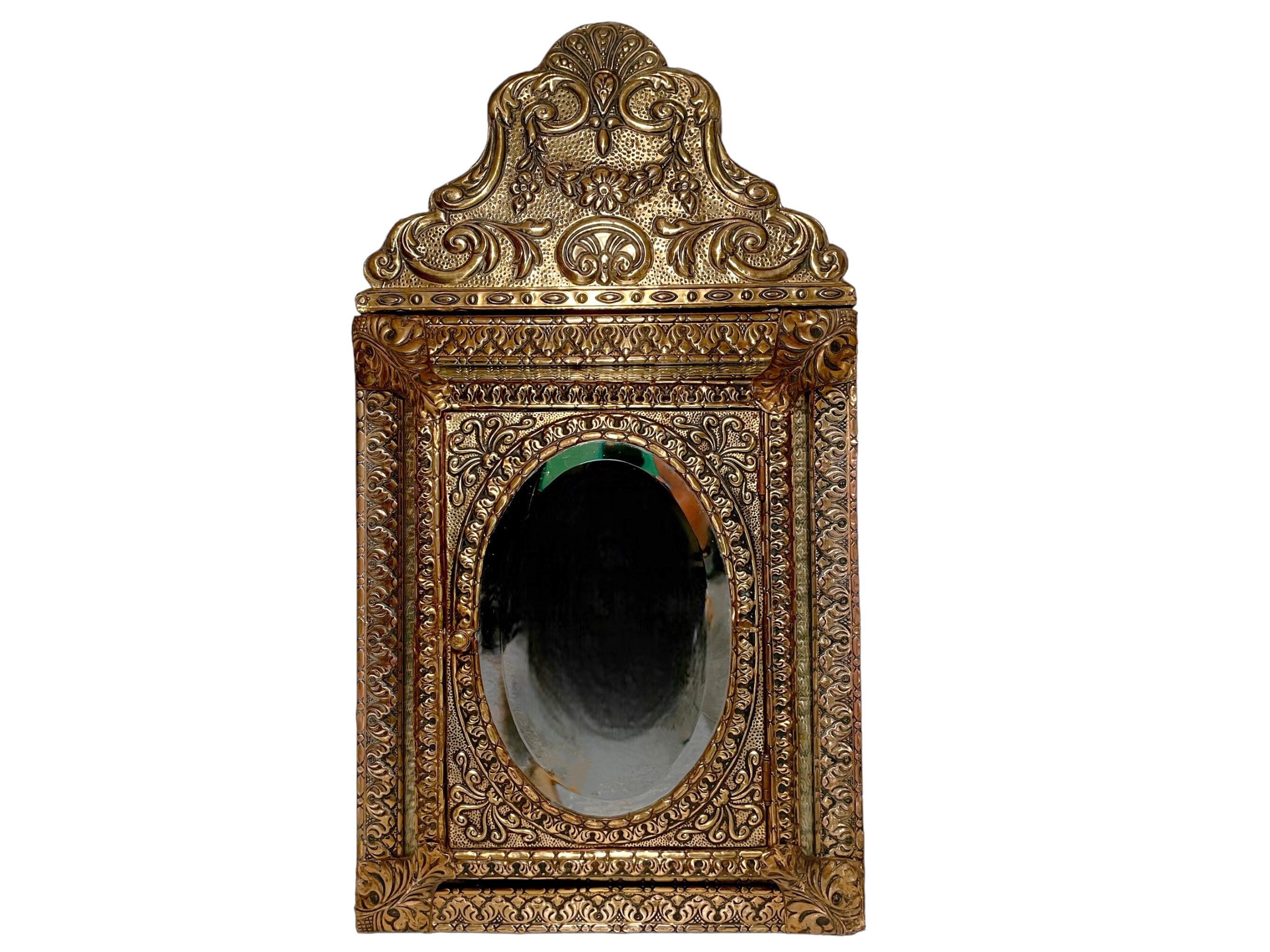 Antique Dutch Brass Cushion Mirror - Louis XVI Style Repousse Oval Beveled Mirror - Baroque Style Embossed Bridal Mirror Secret Key Cabinet