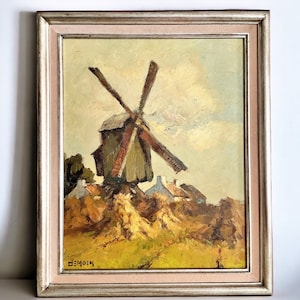 Vintage Flanders Windmill Oil Painting - 20&quot; Demoen Farm Windmill Oil on Canvas - Belgian Old Windmill Hay Farming Landscape Framed Artwork