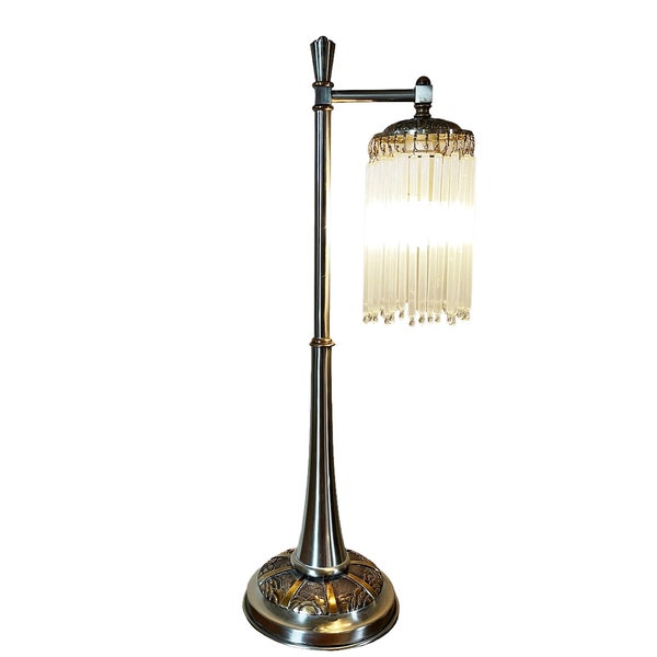 Art Deco Glass Rod Shade Table Lamp - 22" Belgium Crystal Tubes Gilt Nickel Plated Metal Base Light - vintage Satin Crystal Glass Metal Lamp