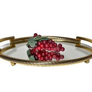 Mid Century Gold Plated 24 Kt. Serving Tray - Vintage Italian Brass Milano Cable Mirrored Tray - Hollywood Regency Style Golden Oval Platter