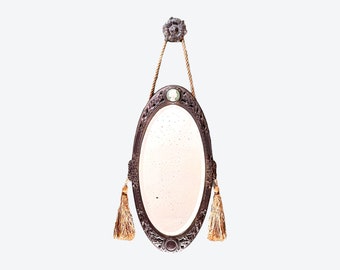 French Art Deco Mirror - Antique Pewter Beveled Oval Mirror - Decorative Hallway Wall Mirror - Antique Cameo Boudoir Mirror with Tassels