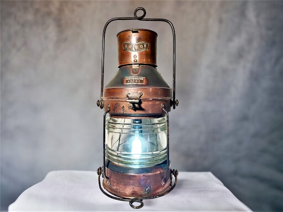 1950s Vintage Anchor Shipping Lantern. Copper and Brass Oil