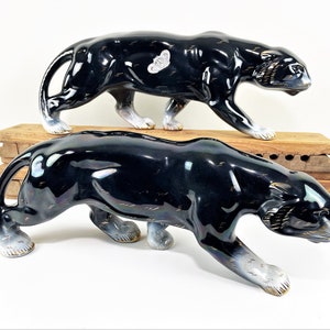 Vintage Black Panther Sculpture - Belgian H. Bequet Ceramic Art Statue - Mid Century Black & Gold Wild Cat Centerpiece Old Panther Figurine