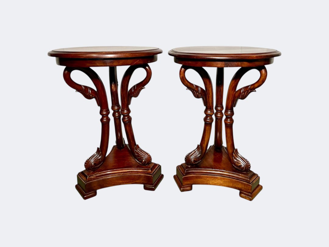 Vintage Pair of Mahogany Swan Side Tables - Biedermeier Style Round ...