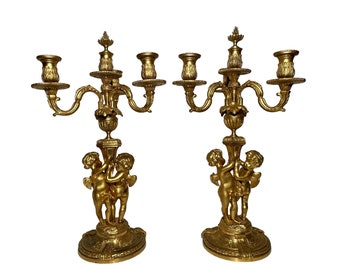 Napoleon III Pair of Bronze Candelabra - 19th C. French Cherubs Gilt Candle Holders - Antique Pair of Putti 3 Arm Ormolu Candlesticks Holder