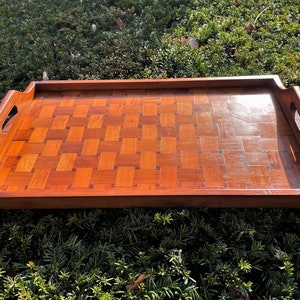 Vintage Basket Weave Wood Veneer Serving Tray - Decorative Parquetry Wood Inlay Serving Platter - Hardwood Weave Marquetry Centerpiece Tray