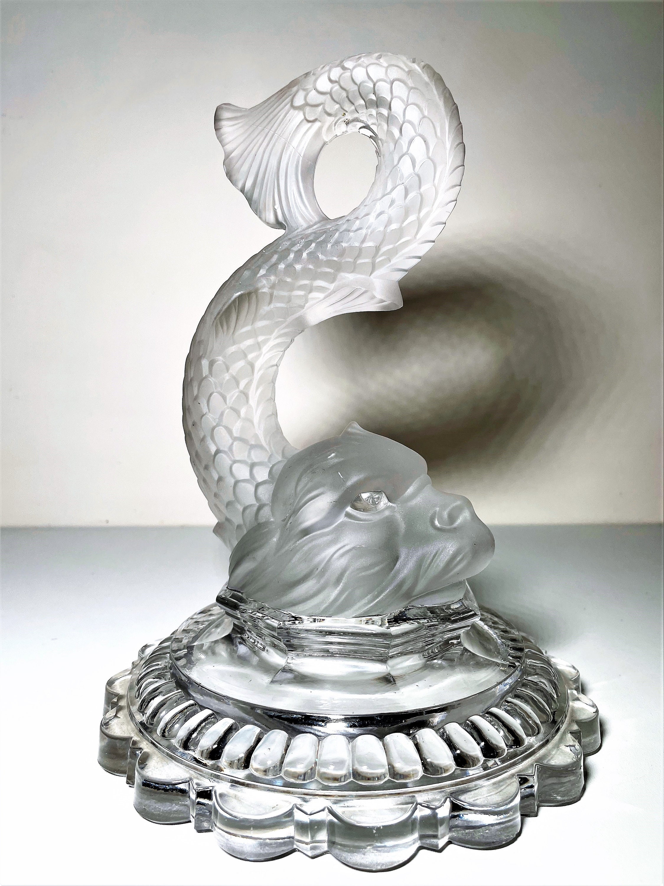 Pakarat Fish Antique Baccarat Crystal Frosted Koi Fish Statue Glass Base - 9