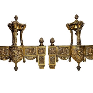 19th Century Pair of Fireplace Andirons - Antique French Ormolu Chenets - Louis XV Style Fire Guards - Rams Goddess Relief Fireplace Display