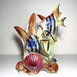 Vintage Hubert Bequet Fish Sculpture - Life Size Belgium Fishes & Shells Glazed Ceramic Figurines - MCM Iridescent Earthenware Marine Decor