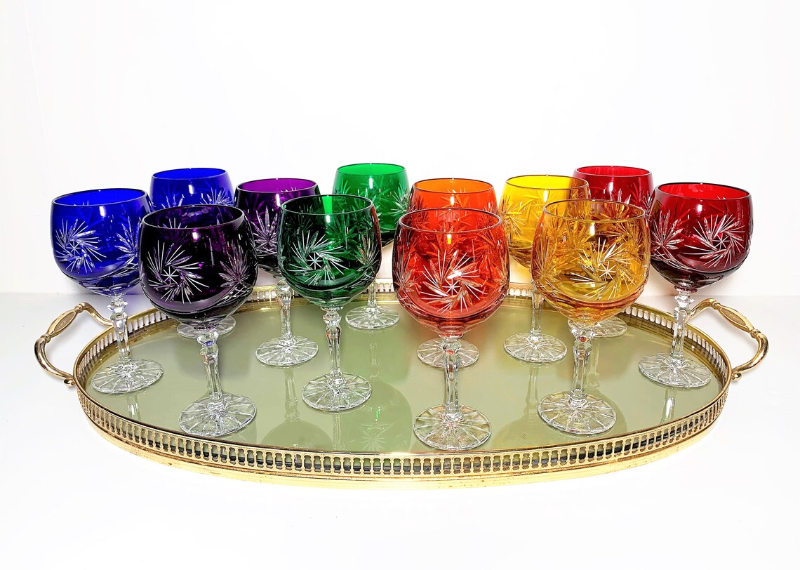 12 Multi Color Crystal Wine Glasses 7 Pinwheel White Etsy