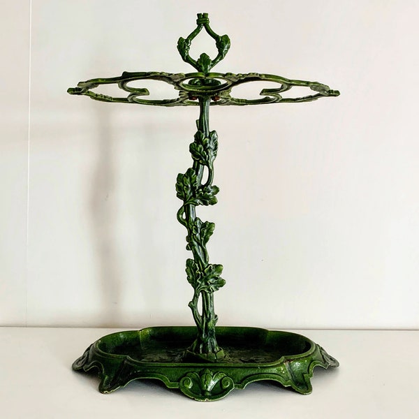 French Green Enamel Cast Iron Umbrella Stand - Art Nouveau Walking Stick Holder - Antique Green Hallway Display - Vintage Stick Cane Stand