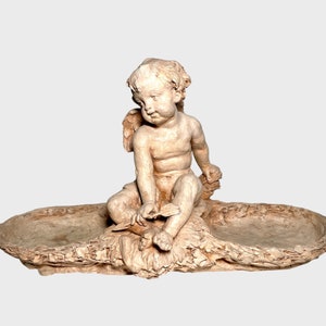 Vintage cupido terracotta sculptuur - 21" cherubijn geglazuurd aardewerk opvangbak - putto figuur uit het midden van de eeuw leeg zak cupido display kom
