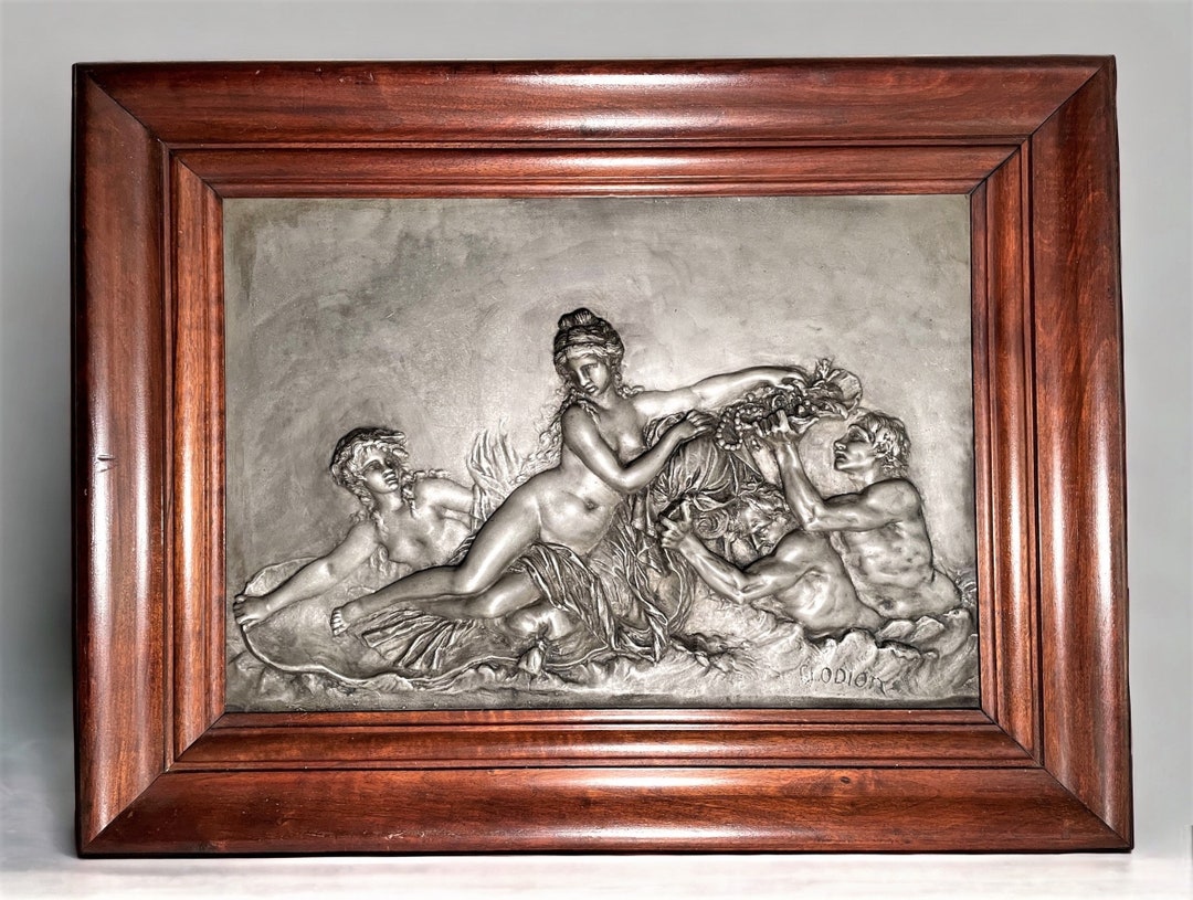 Antique Aphrodite Wall Plaque Clodion Reclining Nude Repousse Pewter