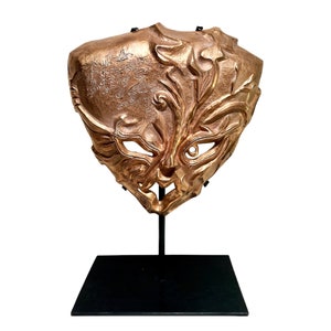 Vintage Mask Bronze Sculpture - Large Floral Mask Bronze on Black Metal Stand - Expressive Face Mask Bronze Figure - Decorative Mask Statue