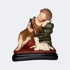 Vintage Shepherd and Lamb Chalkware Sculpture - Belgian Resting Cherub & Sheep Plaster Figurine - Jesus Lamb Statue Nativity Altar Display