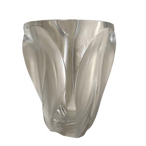 Large Lalique Ingrid Crystal Vase - Vintage Lalique Paris Frosted Clear Leaf Cut Crystal Centerpiece - MCM French Crystal Glass Art Display