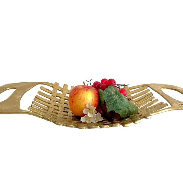 David Marshall Brutalist Fruit Basket - Vintage Spanish Design Cast Brass Bowl - Modernist Woven Brass Fruit Dish - Vintage Brass Fruit Tray