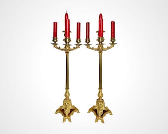 Pair of Empire Ormolu Candelabra - 19" Antique French Gilt Bronze 4 Lights Candlesticks Set - Napoleon III Gilded 4 Branch Candle Holder Set