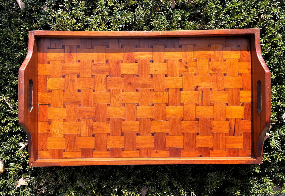 Vintage Basket Weave Wood Veneer Serving Tray Decorative Etsy UK