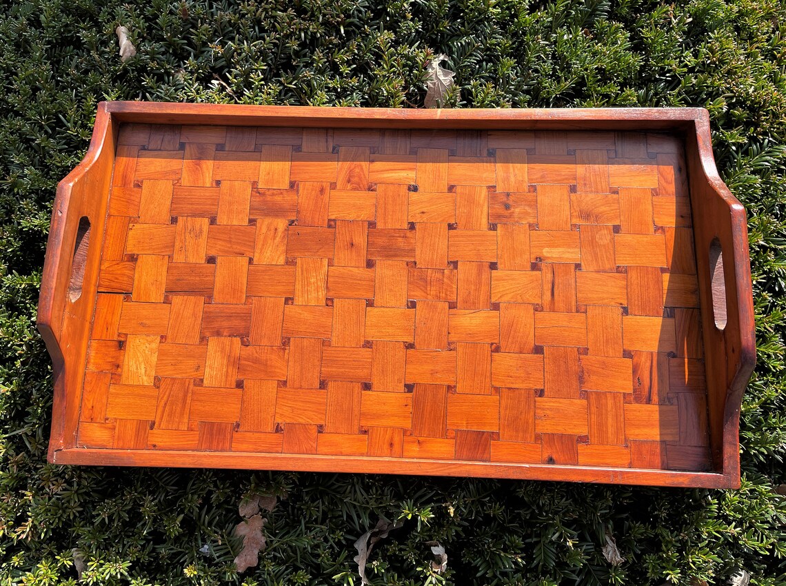 Vintage Basket Weave Wood Veneer Serving Tray Decorative Etsy UK