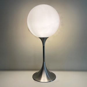 Vintage Gaetano Sciolari Opaline Glass & Metal Table Lamp - Mid Century Italian Glass Globe Shade Metal Lighting - Space Age Mushroom Lamp