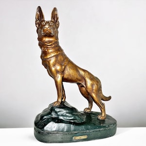 H. Petrilly Dog Sculpture - 21" French Patinated Plaster Shepherd Dog Statue - Vintage Alerte JB Paris Chalkware Hunting Guard Dog Figurine