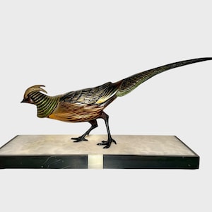 Art Deco Pheasant Sculpture on Marble Base - Irenee Rochard Attributed Bird Statue - Vintage French Patinated Spelter Wild Fowl Figurine