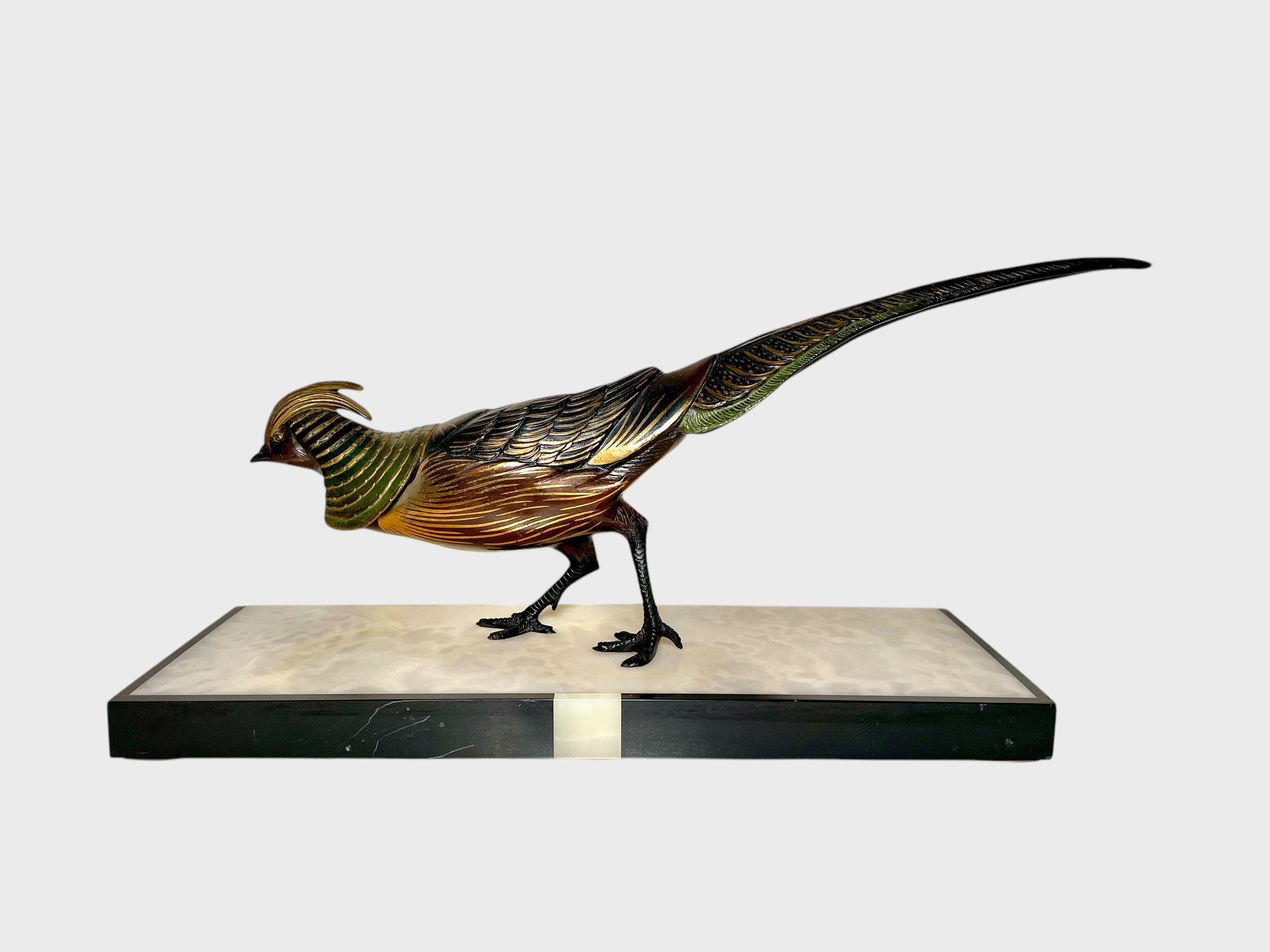 Statue Sculpture Animalière Faisan En Bronze Massif - Style Art Déco/Art Nouveau - Dimensions 17.5x30x7 Cm - Occasion Très Bon état