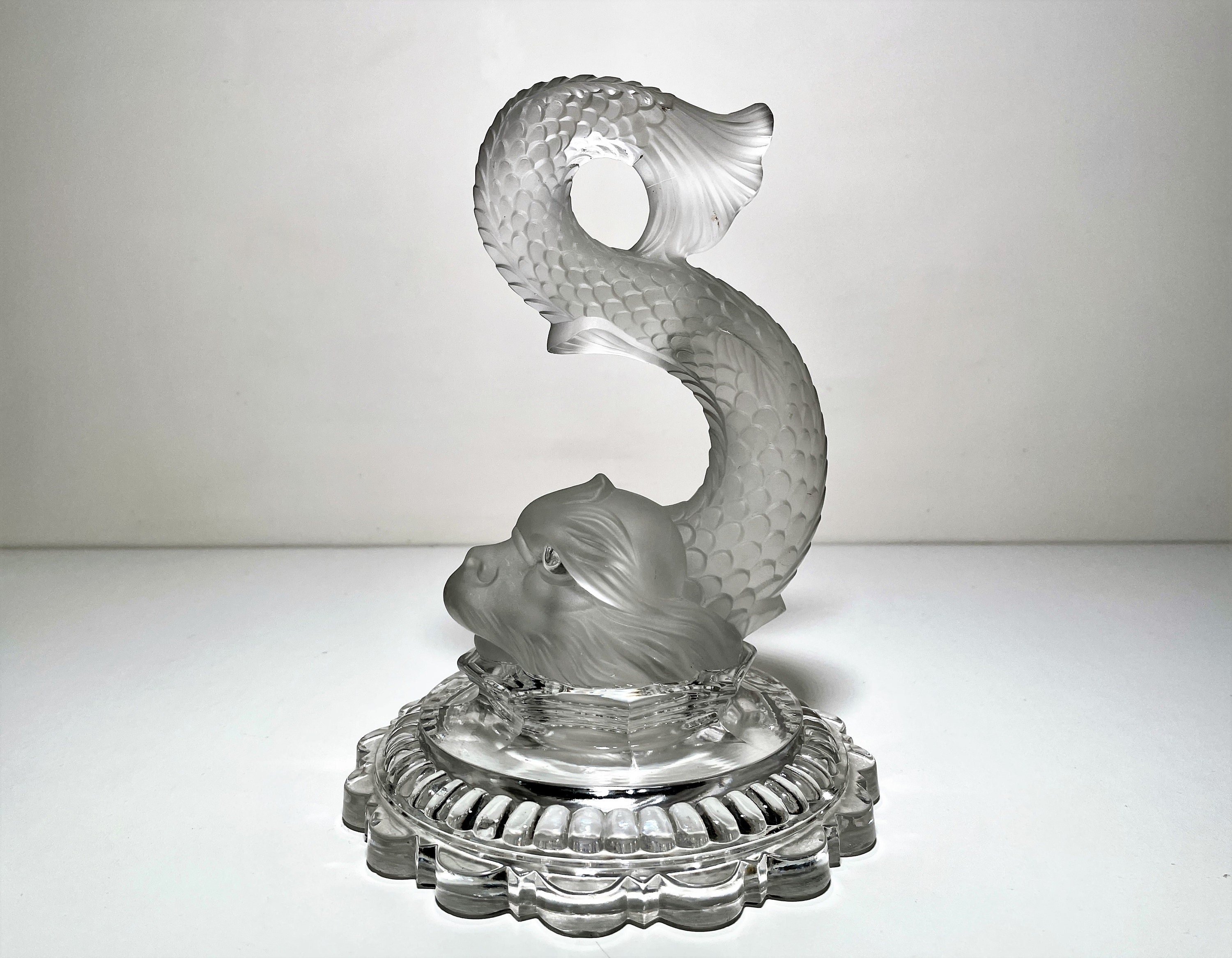 Pakarat Fish Antique Baccarat Crystal Frosted Koi Fish Statue Glass Base - 9