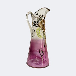 Art Nouveau Enamelled and Gilt Pitcher - French Floral Relief Glass Art Carafe - Antique Gold Enamel Relief Handblown Glass Decorative Vase