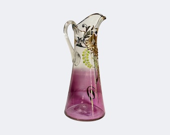 Art Nouveau Enamelled and Gilt Pitcher - French Floral Relief Glass Art Carafe - Antique Gold Enamel Relief Handblown Glass Decorative Vase