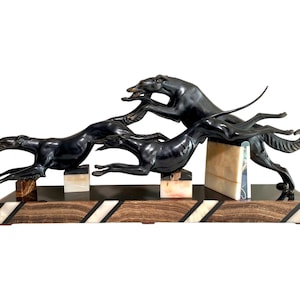 Art Deco Greyhounds Statue - 26" Vintage Hunting Dogs Spelter Sculpture Marble Base - Group of Three Running Whippet Borzoi Canine Figurines