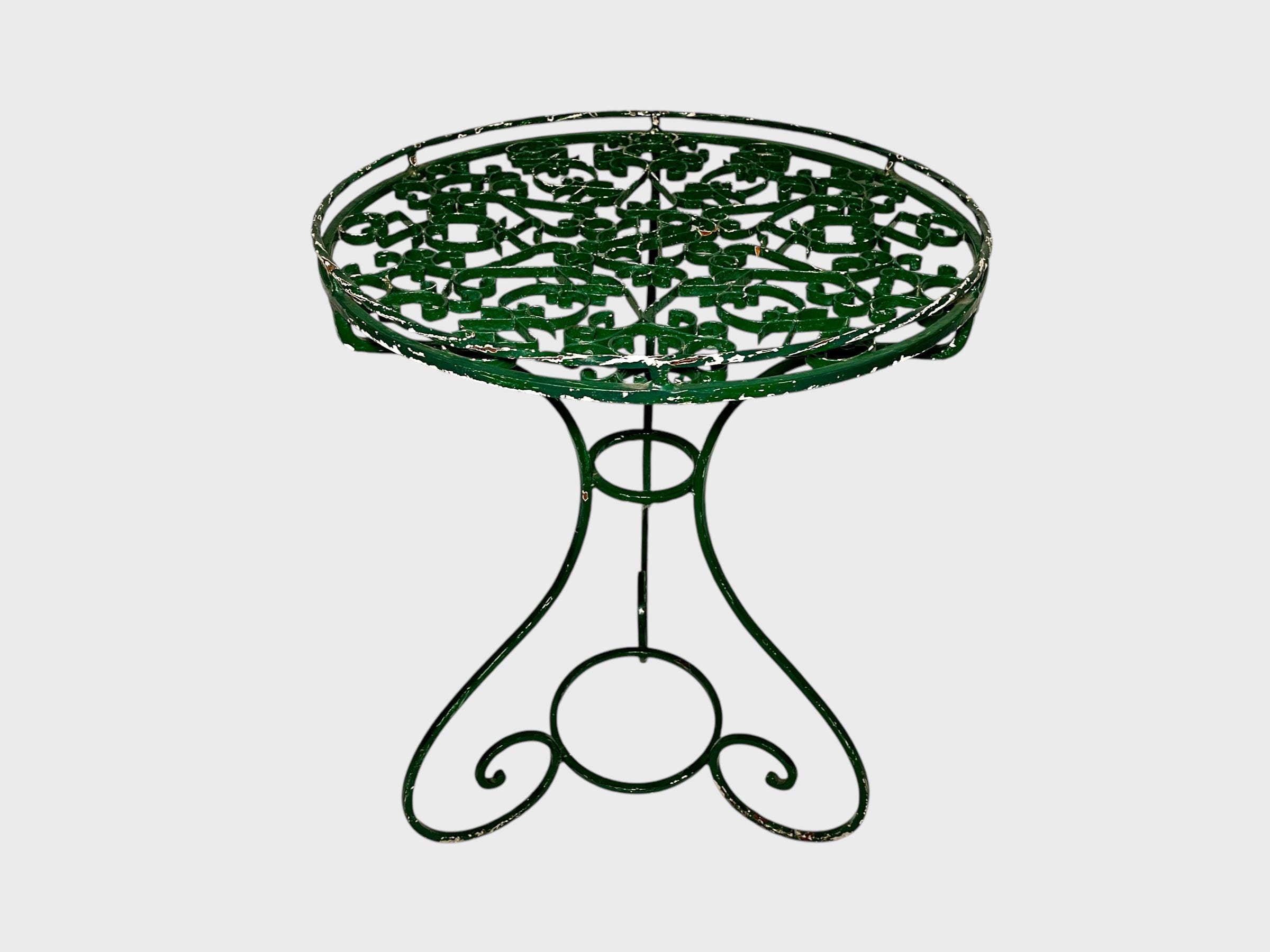 Table De Bistrot Vintage - Guéridon En Fer Forgé Français Table D'appoint Métal Peint Vert Mid-Century Support Plante D'extérieur Jardin